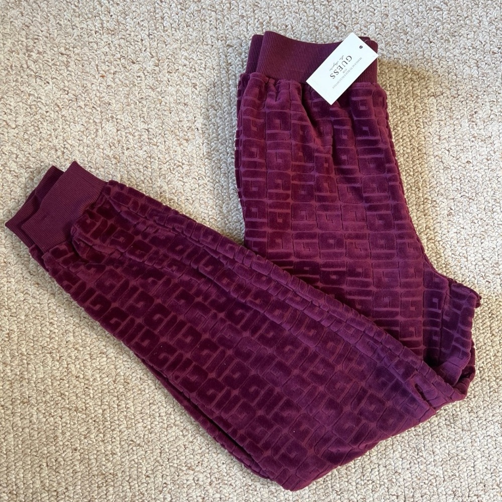 NWT Small GUESS After Party Burgundy Velvet Joggers
